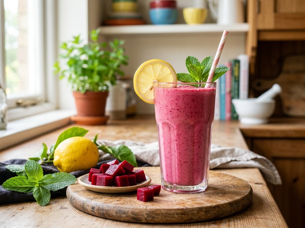 Bright pink detox beet lemon smoothie in a glass, garnished with lemon slice and mint.