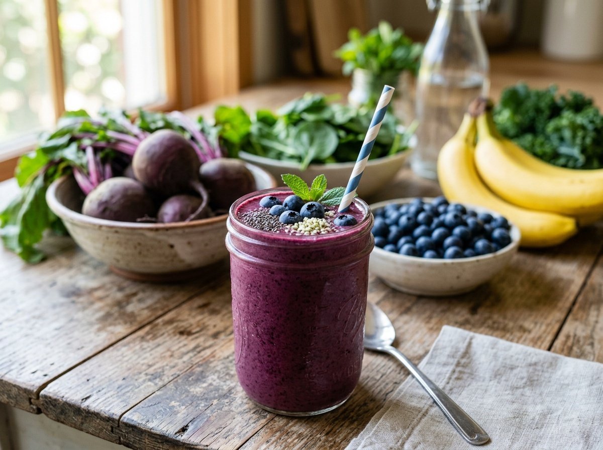 Creamy Beet Blueberry Detox Smoothie Recipe A refreshing beet blueberry detox smoothie in a glass, garnished with blueberries, on a wooden table surrounded by fresh fruits and beets.