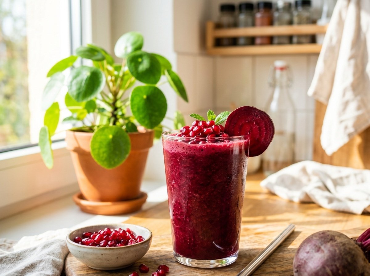 Jewel-Toned Beet Pomegranate Detox Smoothie Recipe A bright and colorful beet pomegranate detox smoothie in a glass, garnished with pomegranate seeds, against a sunny kitchen background.