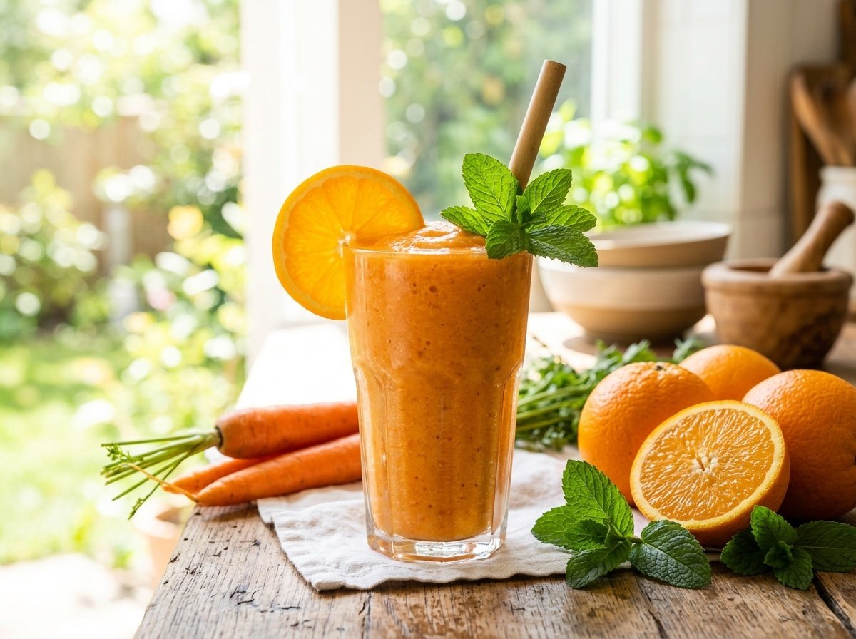 Sunny Carrot Orange Detox Smoothie Recipe A healthy carrot orange detox smoothie in a glass, garnished with an orange slice, on a bright background.