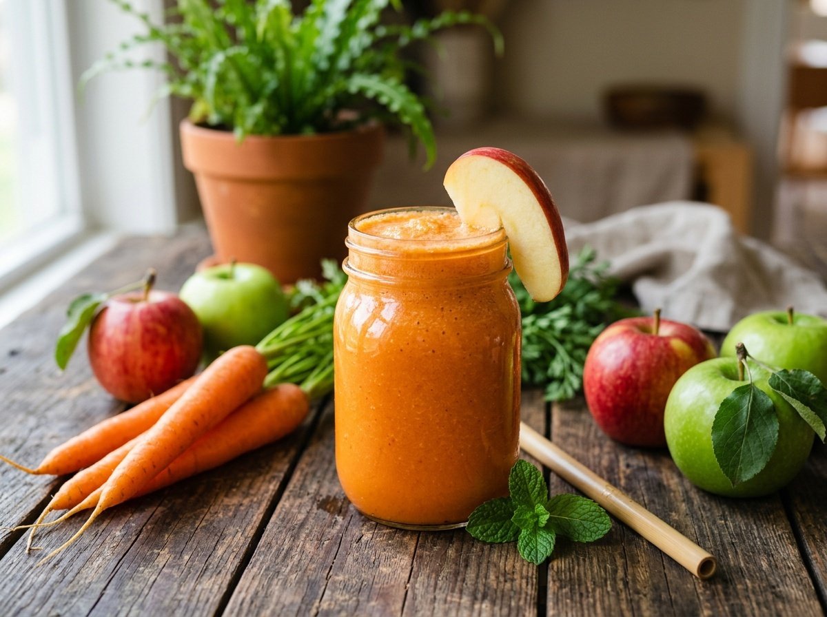 A vibrant carrot apple detox smoothie in a glass, garnished with apple, on a wooden table surrounded by fresh ingredients.
