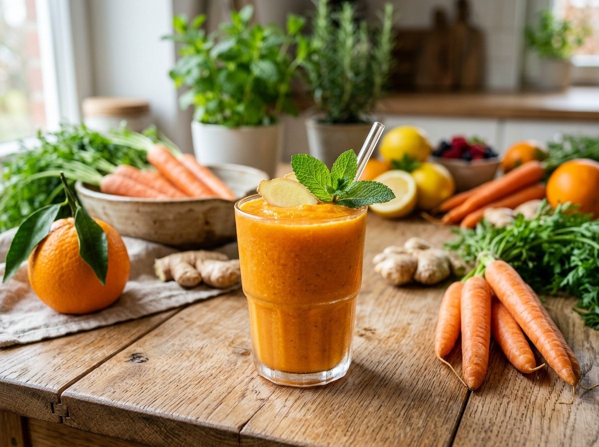 A refreshing carrot ginger detox smoothie served in a glass with fresh ginger and mint, surrounded by vibrant fruits.