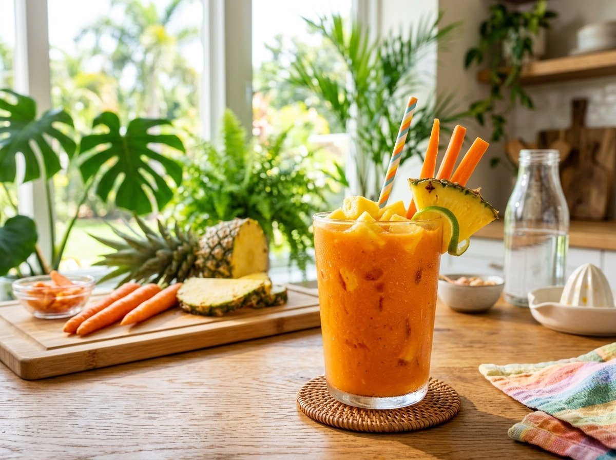 A bright orange detox smoothie in a glass, garnished with carrot sticks and pineapple, in a sunny kitchen.