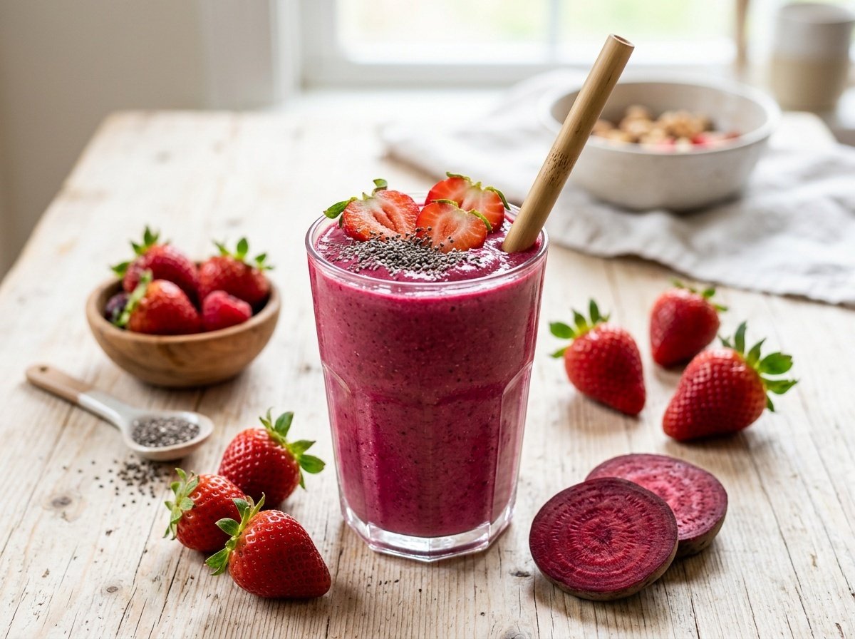 Sweet Beet Strawberry Detox Smoothie Recipe A bright pink beet strawberry detox smoothie in a glass with garnishes, featuring fresh strawberries, on a wooden table.