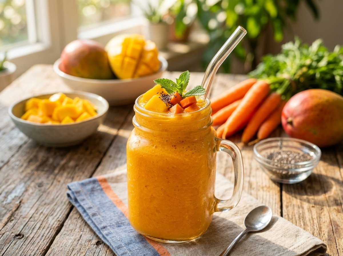 Creamy Carrot Mango Detox Smoothie Recipe A colorful carrot mango detox smoothie in a glass, garnished with carrot and mango pieces, surrounded by fresh ingredients.