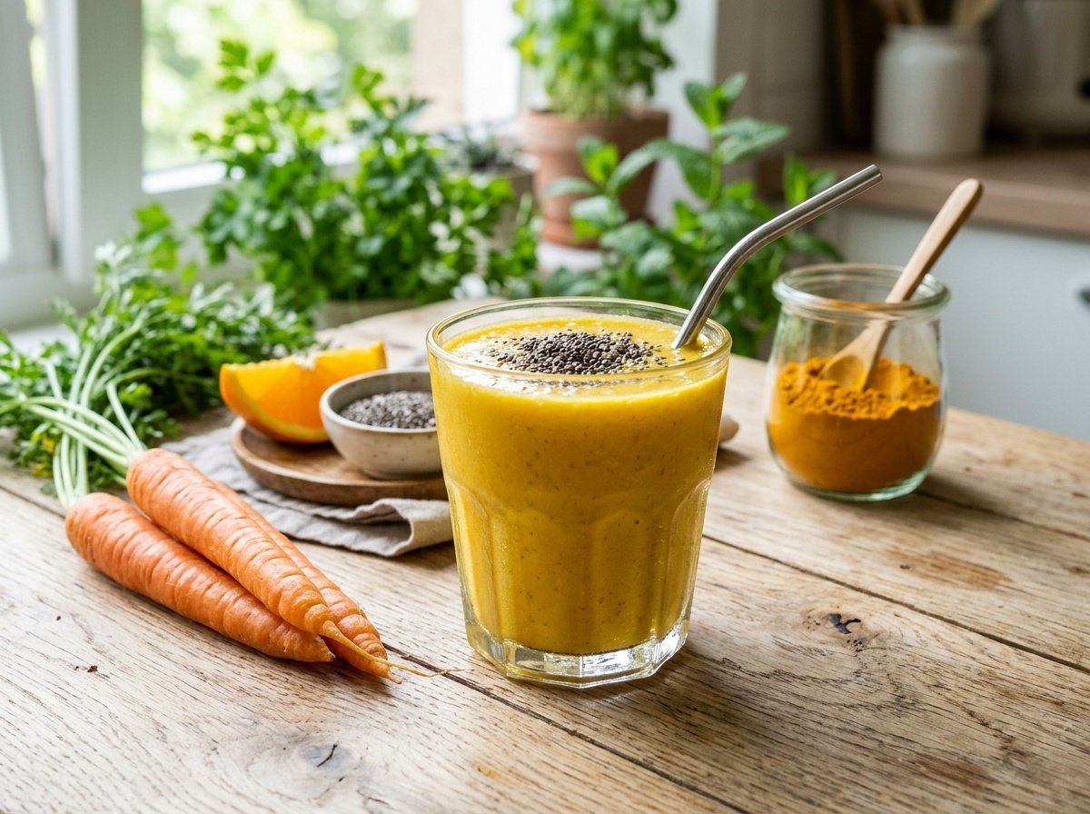 Golden carrot turmeric detox smoothie in a glass with chia seeds, surrounded by fresh carrots and turmeric on a wooden surface.
