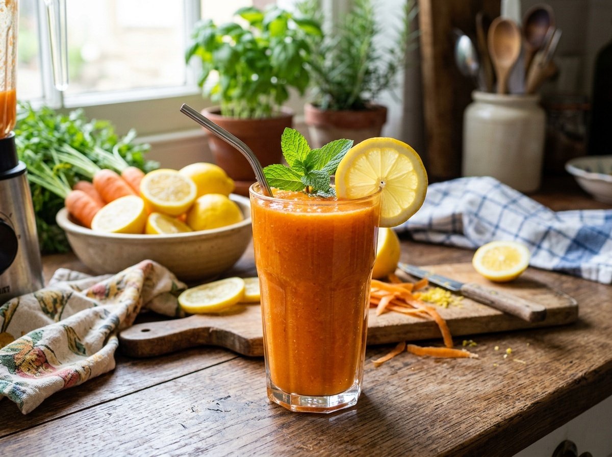 A bright carrot lemon detox smoothie in a glass, garnished with lemon slice and mint, on a rustic kitchen countertop.