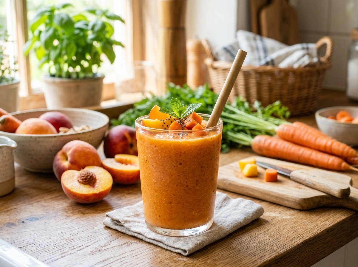 Refreshing Carrot Peach Detox Smoothie Recipe A glass of bright orange carrot peach detox smoothie topped with peach chunks on a kitchen countertop with fresh fruits.