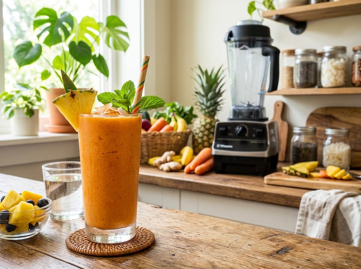 Tropical Carrot Coconut Detox Smoothie Recipe A tropical carrot coconut detox smoothie in a glass, garnished with pineapple and mint, on a bright kitchen counter with fruits.