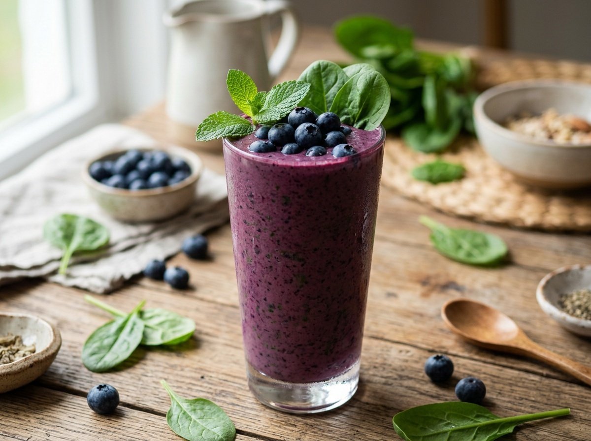 Creamy Blueberry Spinach Detox Smoothie Recipe A glass of creamy blueberry spinach detox smoothie garnished with blueberries and mint on a rustic table.