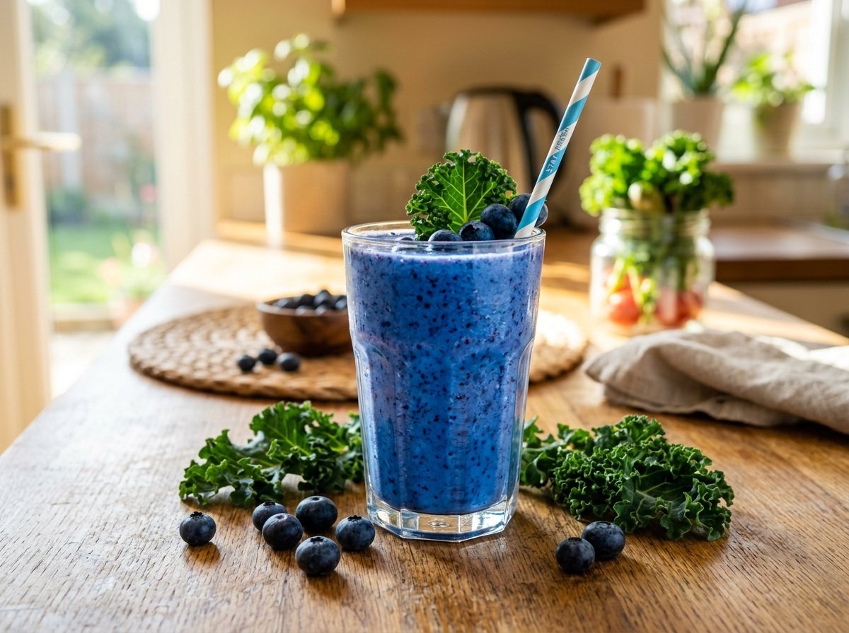 Vibrant Blueberry Kale Detox Smoothie Recipe Blueberry kale detox smoothie in a glass with blueberries and kale leaves on a wooden surface.