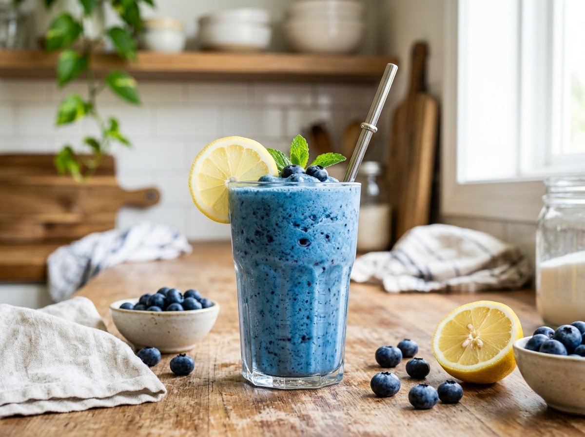 Bright blueberry lemon smoothie in a glass garnished with a lemon slice, placed on a kitchen countertop with blueberries.