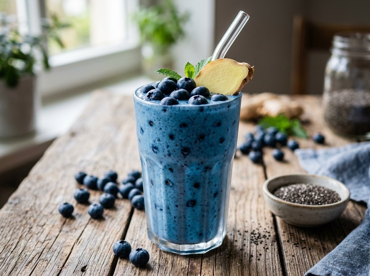 A colorful blueberry ginger detox smoothie in a glass, surrounded by blueberries and chia seeds.