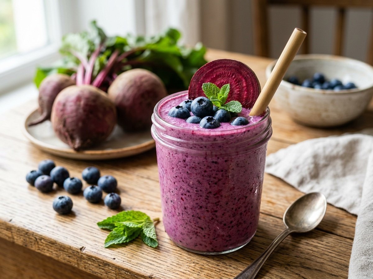 Colorful Blueberry Beet Detox Smoothie Recipe A colorful blueberry beet detox smoothie served in a glass, garnished with blueberries and beet slice.