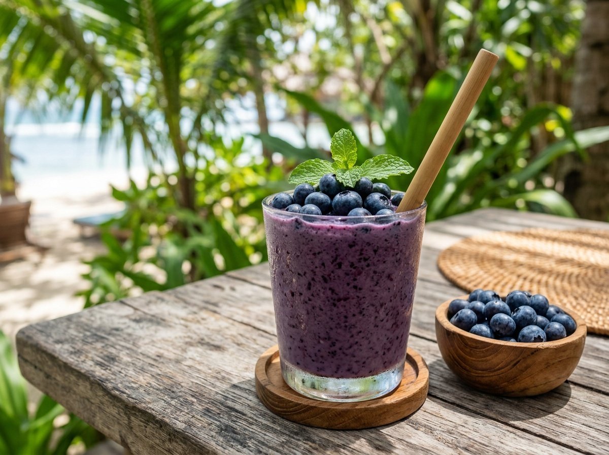 A colorful blueberry coconut smoothie in a clear glass garnished with blueberries and mint.