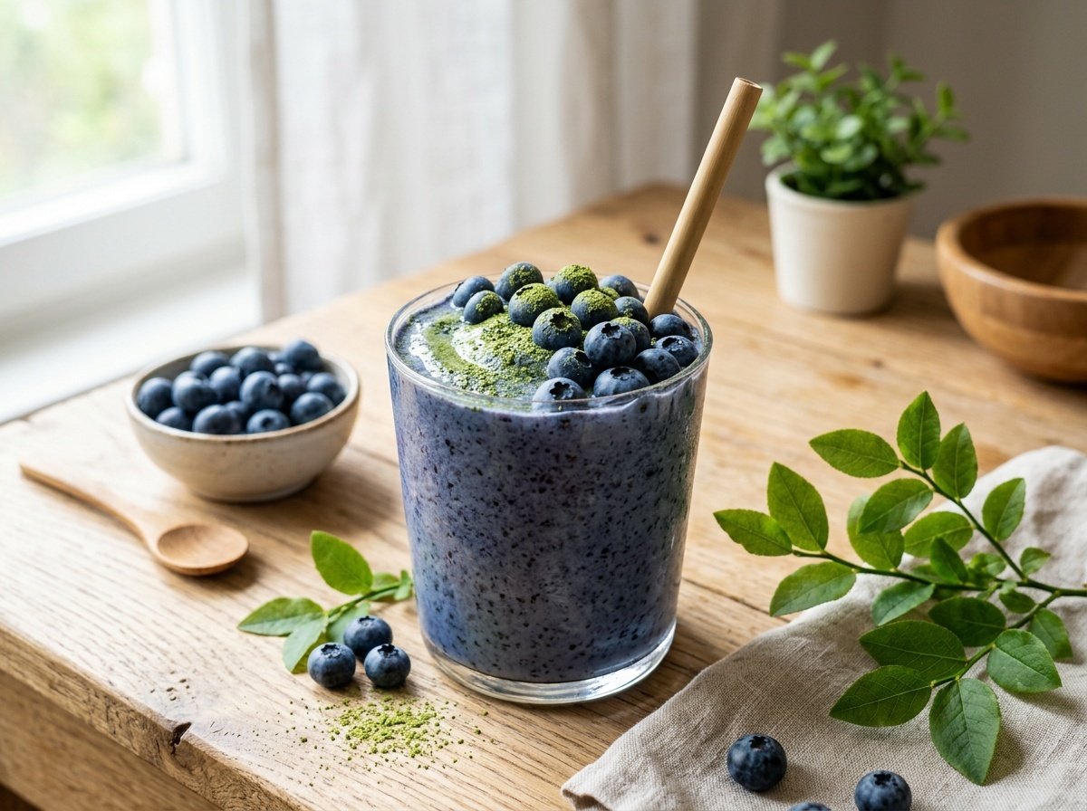 A refreshing blueberry matcha smoothie in a glass with blueberries on top, set against a wooden background.