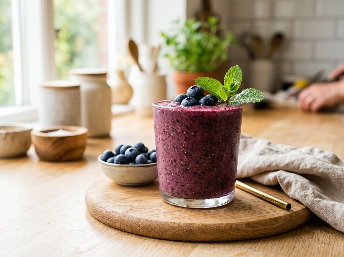 Thick Blueberry Chia Smoothie Recipe Thick blueberry chia smoothie in a glass with fresh blueberries and mint, on a bright kitchen counter.