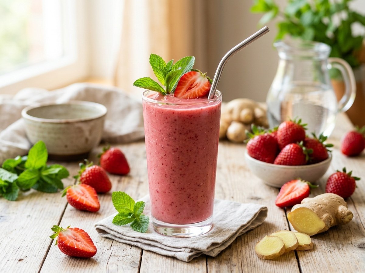 A glass of strawberry ginger detox smoothie garnished with a strawberry slice and mint, surrounded by fresh strawberries and ginger.