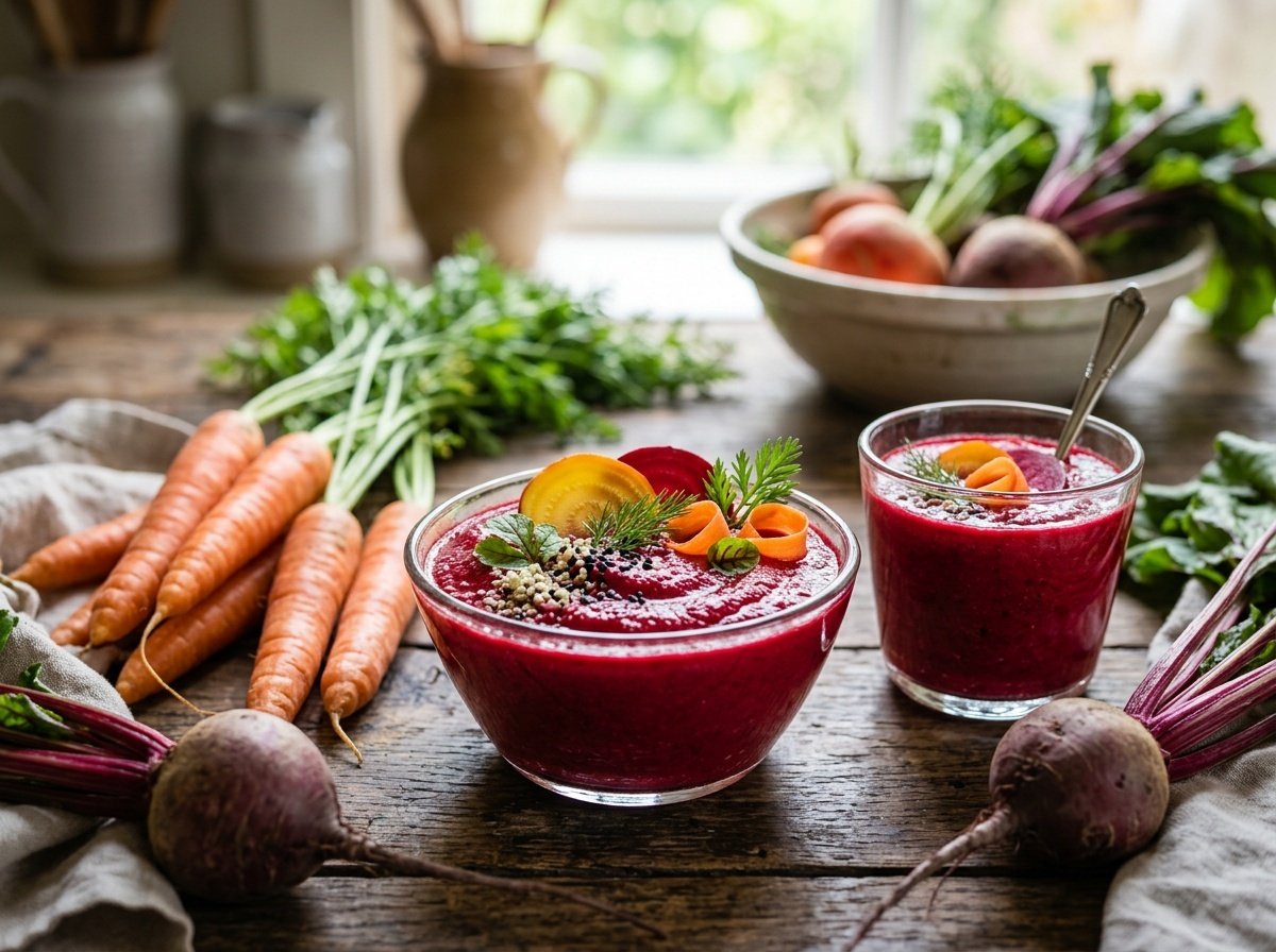 Colorful Carrot and Beet Detox Smoothie Recipe Colorful carrot and beet detox smoothie in clear glasses with fruit slices and seeds on top, surrounded by fresh vegetables.