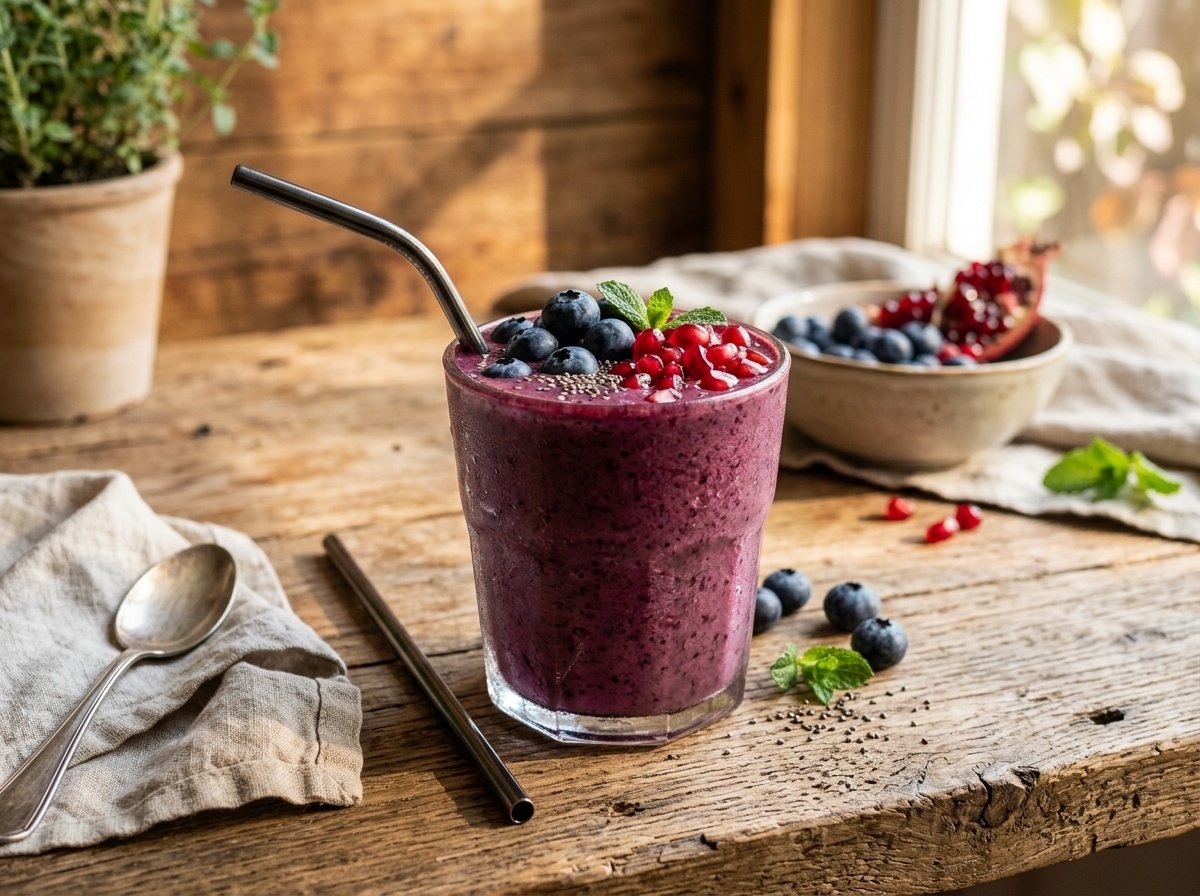A rich blueberry pomegranate detox smoothie in a glass, garnished with blueberries and pomegranate seeds.