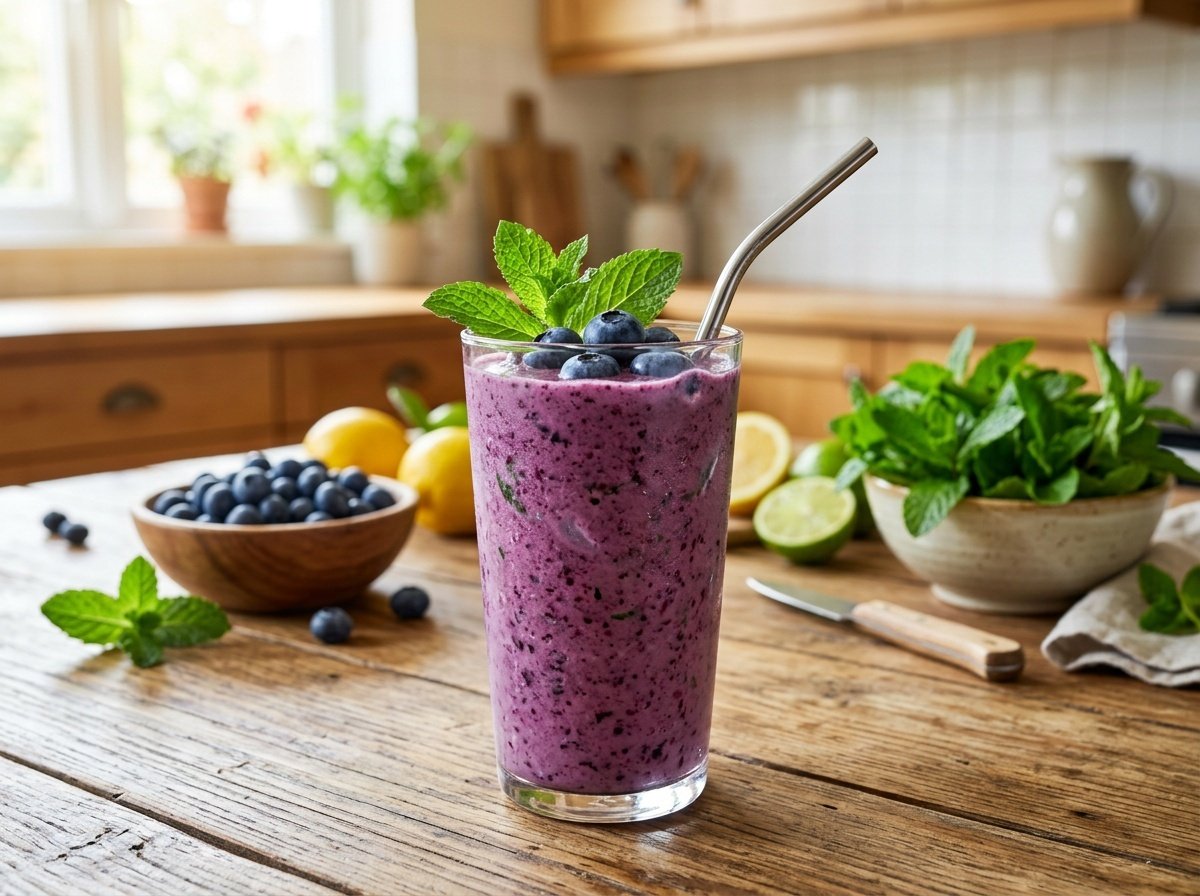A chilled blueberry mint detox smoothie garnished with mint and blueberries, in a sunny kitchen.
