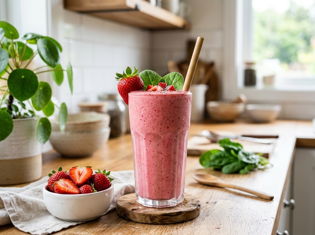 A creamy strawberry spinach detox smoothie garnished with a strawberry and spinach leaves, on a bright kitchen counter.