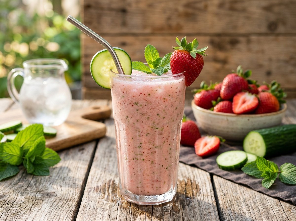 Refreshing Strawberry Cucumber Detox Smoothie Recipe A glass of strawberry cucumber detox smoothie garnished with cucumber and strawberry on wooden table.