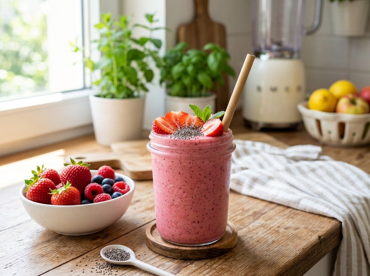 Thick strawberry chia detox smoothie in a glass with strawberries and chia seeds on top.