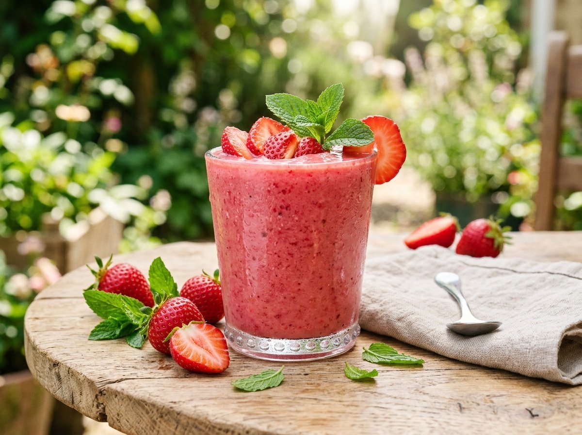 Refreshing strawberry mint detox smoothie in a glass garnished with mint and strawberries on a wooden table.