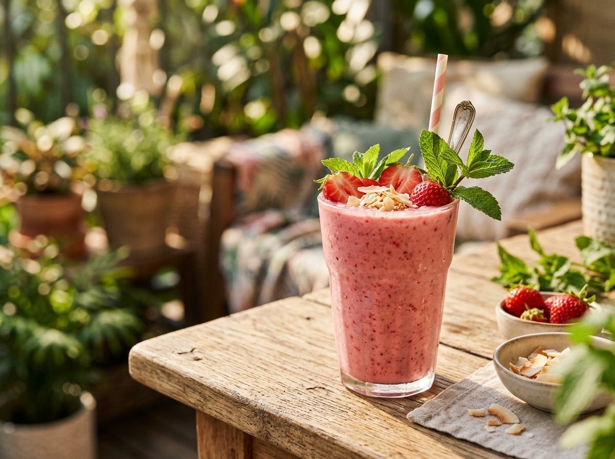 A refreshing strawberry coconut smoothie in a clear glass, garnished with strawberry and mint, on a wooden table.