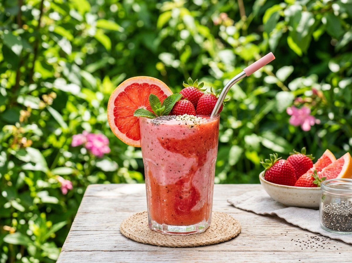 Tangy Strawberry Grapefruit Detox Smoothie Recipe A clear glass filled with a strawberry grapefruit detox smoothie, garnished with a grapefruit slice and strawberries.