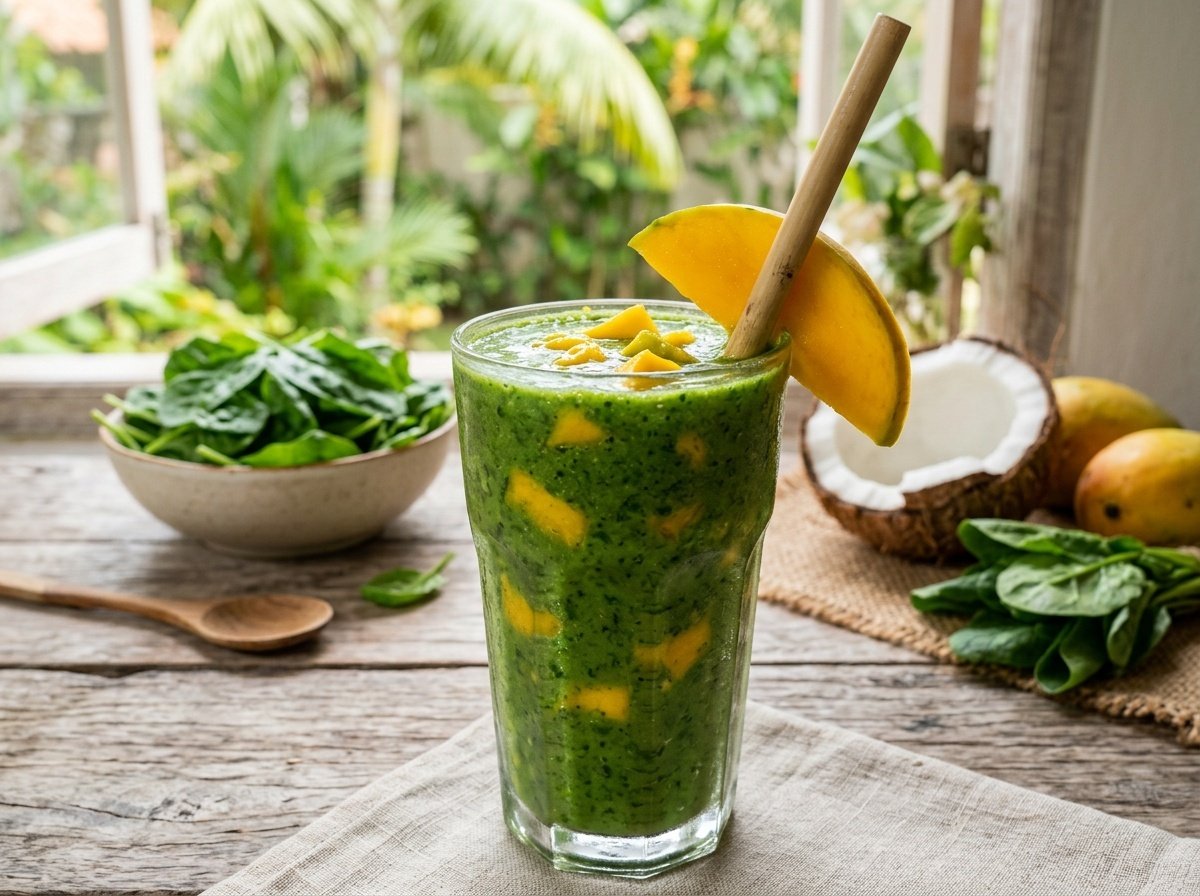 A refreshing mango spinach detox smoothie in a glass, garnished with mango slice, on a wooden table.