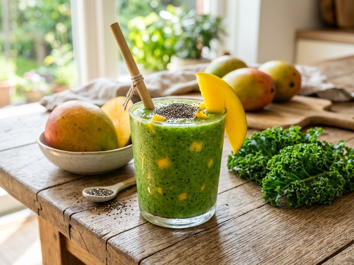 Fresh Mango Kale Detox Smoothie Recipe A refreshing mango kale detox smoothie in a glass, garnished with chia seeds and mango, on a wooden table with fresh ingredients.
