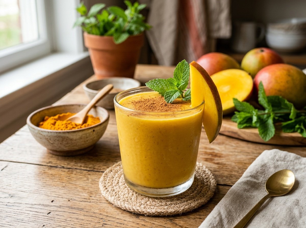 Golden Mango Turmeric Detox Smoothie Recipe Golden mango turmeric smoothie in a glass, garnished with mango slice and mint on a rustic table.