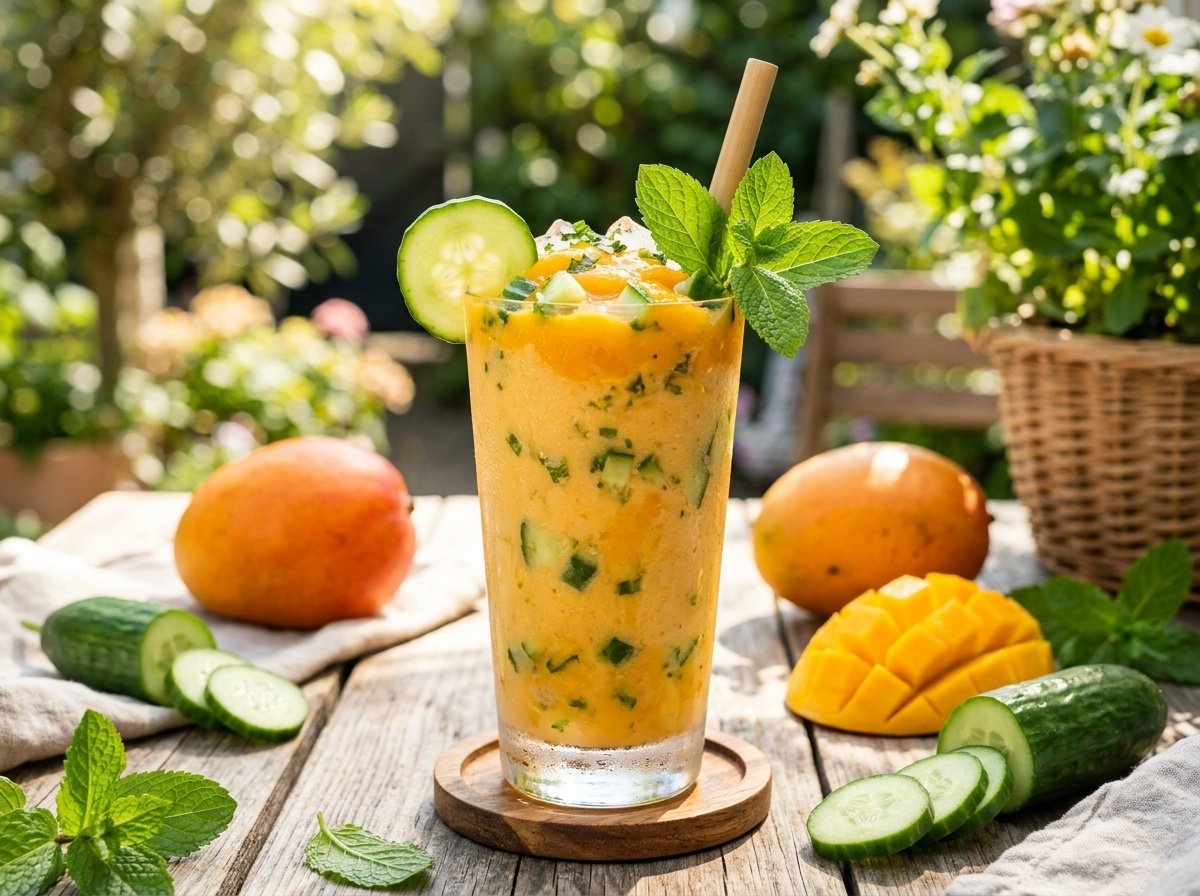 A refreshing mango cucumber detox smoothie in a glass, garnished with cucumber and mint, surrounded by mango and cucumber on a sunny table.