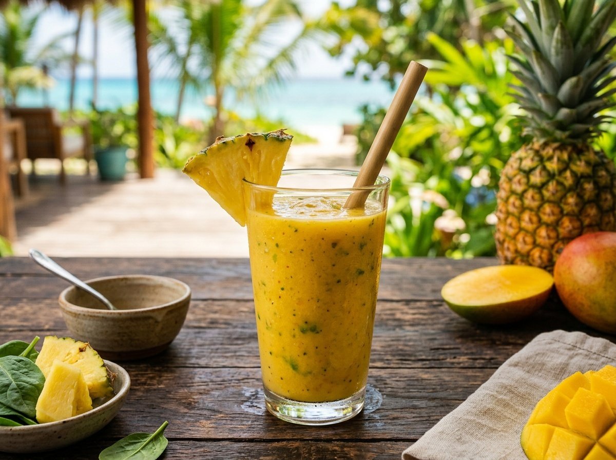 A refreshing tropical mango pineapple smoothie in a glass garnished with a pineapple slice, surrounded by fresh fruits.