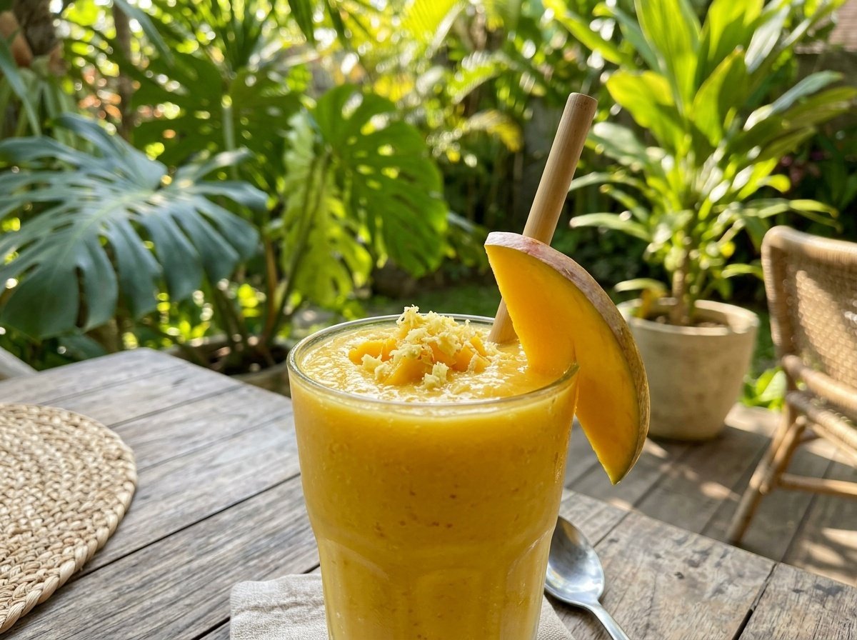 A refreshing mango ginger detox smoothie in a glass, garnished with mango slice, surrounded by tropical greenery.