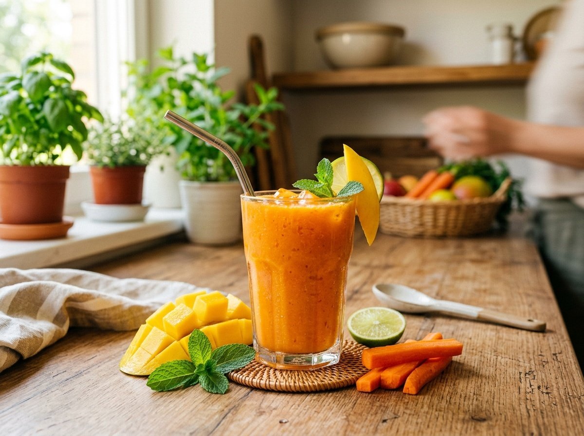 Bright Mango Carrot Detox Smoothie Recipe A vibrant mango carrot detox smoothie in a glass, surrounded by mango slices and carrot sticks, set in a sunny kitchen.