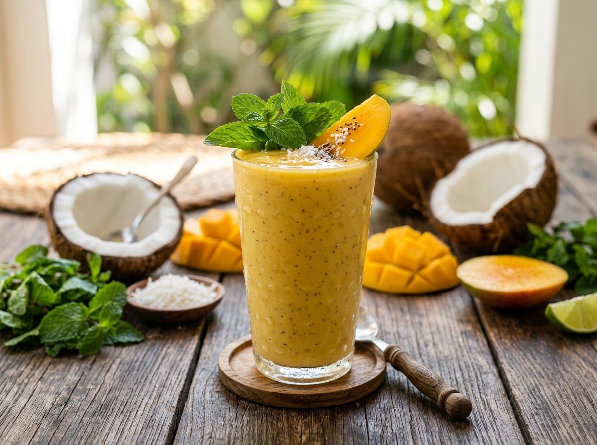 A fresh mango coconut detox smoothie in a glass with mint, surrounded by coconut and mango on a wooden table.