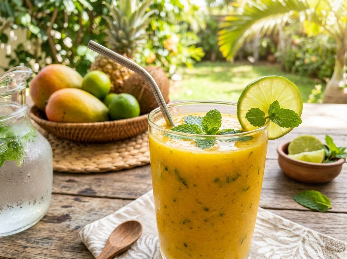 A refreshing mango mint smoothie in a glass, garnished with mint leaves and lime.