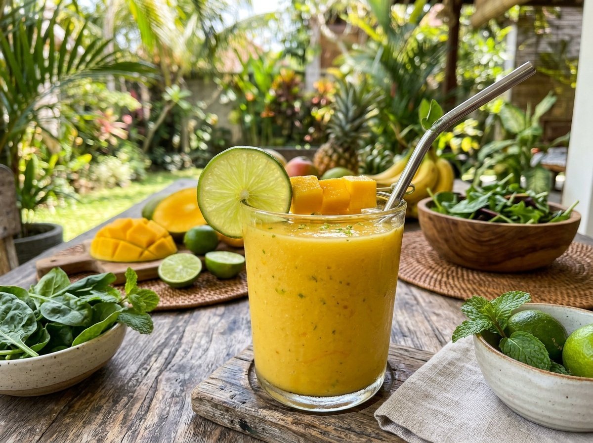Tangy Mango Lime Detox Smoothie Recipe A bright mango lime smoothie in a glass with lime slice and fresh mango, set against a tropical backdrop.