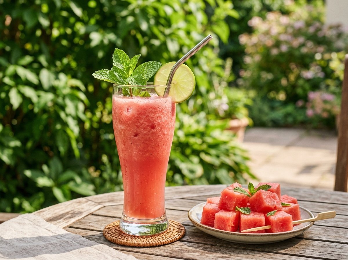 Refreshing Watermelon Mint Detox Smoothie Recipe A refreshing watermelon mint smoothie in a glass on a sunny patio, with mint and lime garnish.