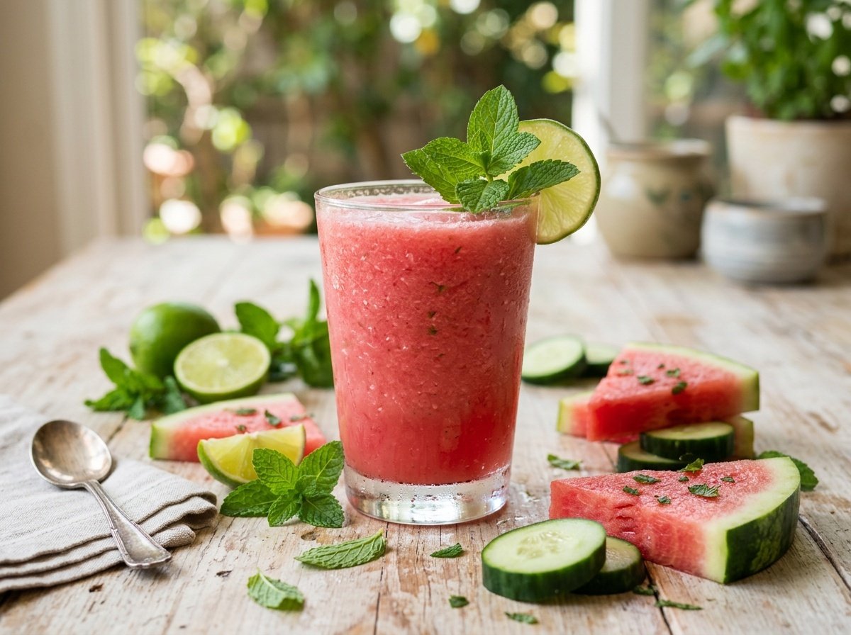 Chilled watermelon cucumber detox smoothie in a glass, garnished with mint, surrounded by watermelon and cucumber slices.