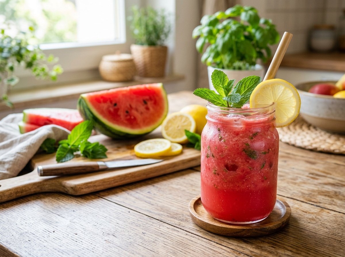 A refreshing watermelon lemon detox smoothie in a glass with mint and lemon slices.