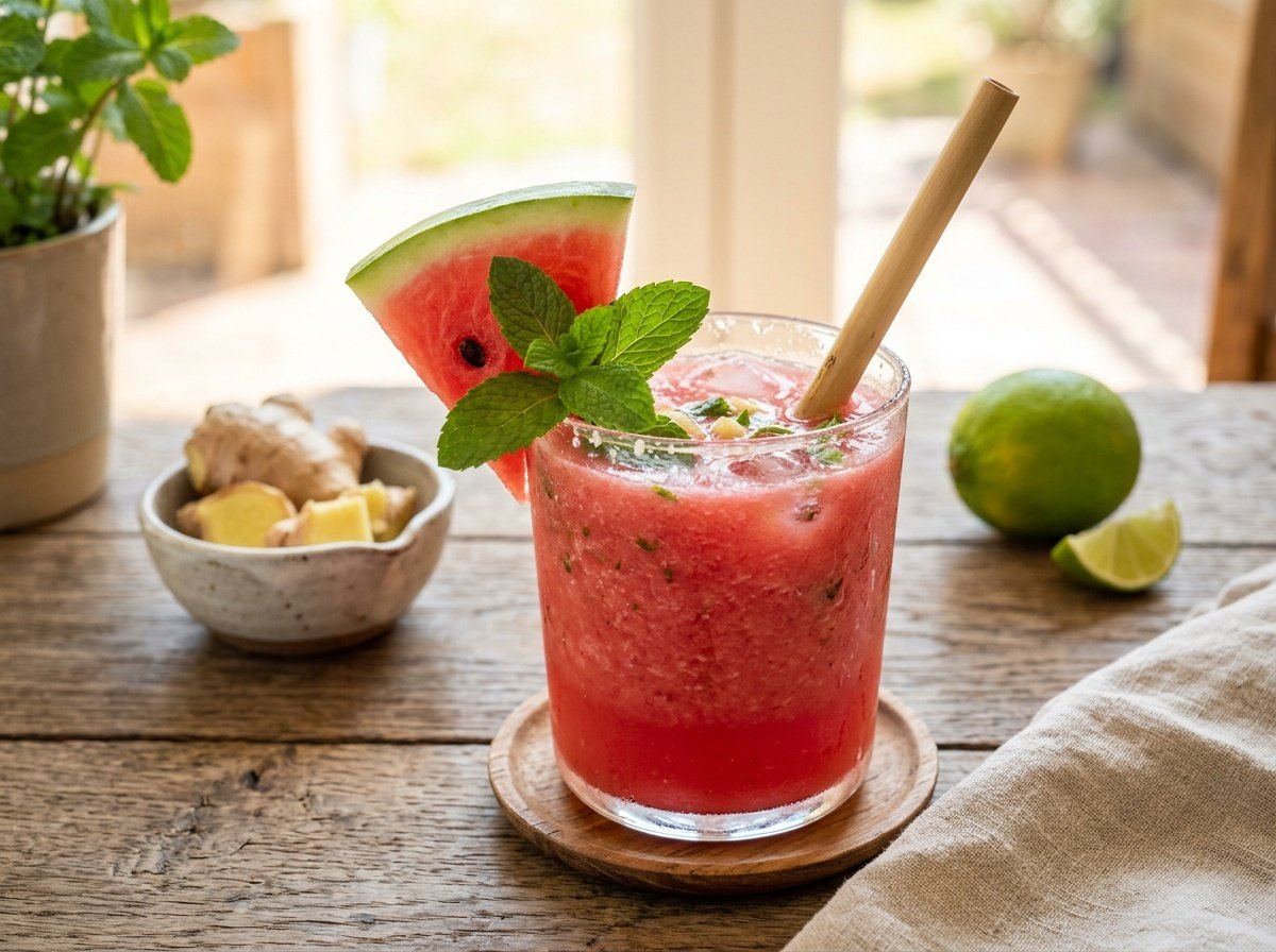 Zesty Watermelon Ginger Detox Smoothie Recipe A zesty watermelon ginger detox smoothie in a glass, garnished with watermelon slice and mint, on a rustic wooden table.