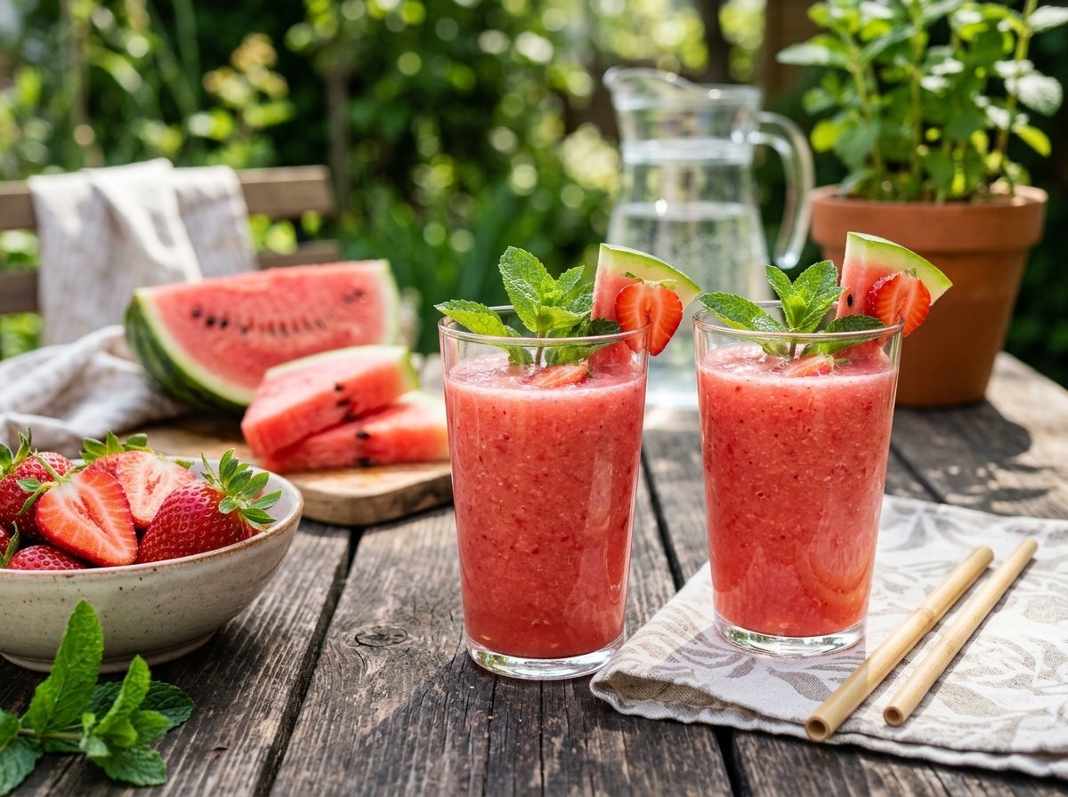 Refreshing Watermelon Strawberry Detox Smoothie Recipe Refreshing watermelon strawberry detox smoothie in glasses with mint, served with watermelon and strawberries.