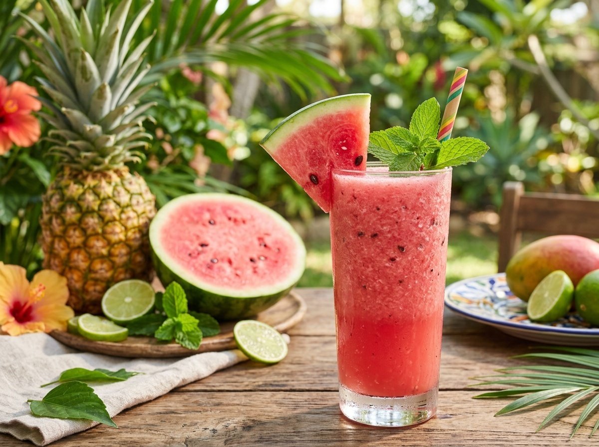 A tall glass of watermelon pineapple detox smoothie garnished with fruit and mint on a bright background.