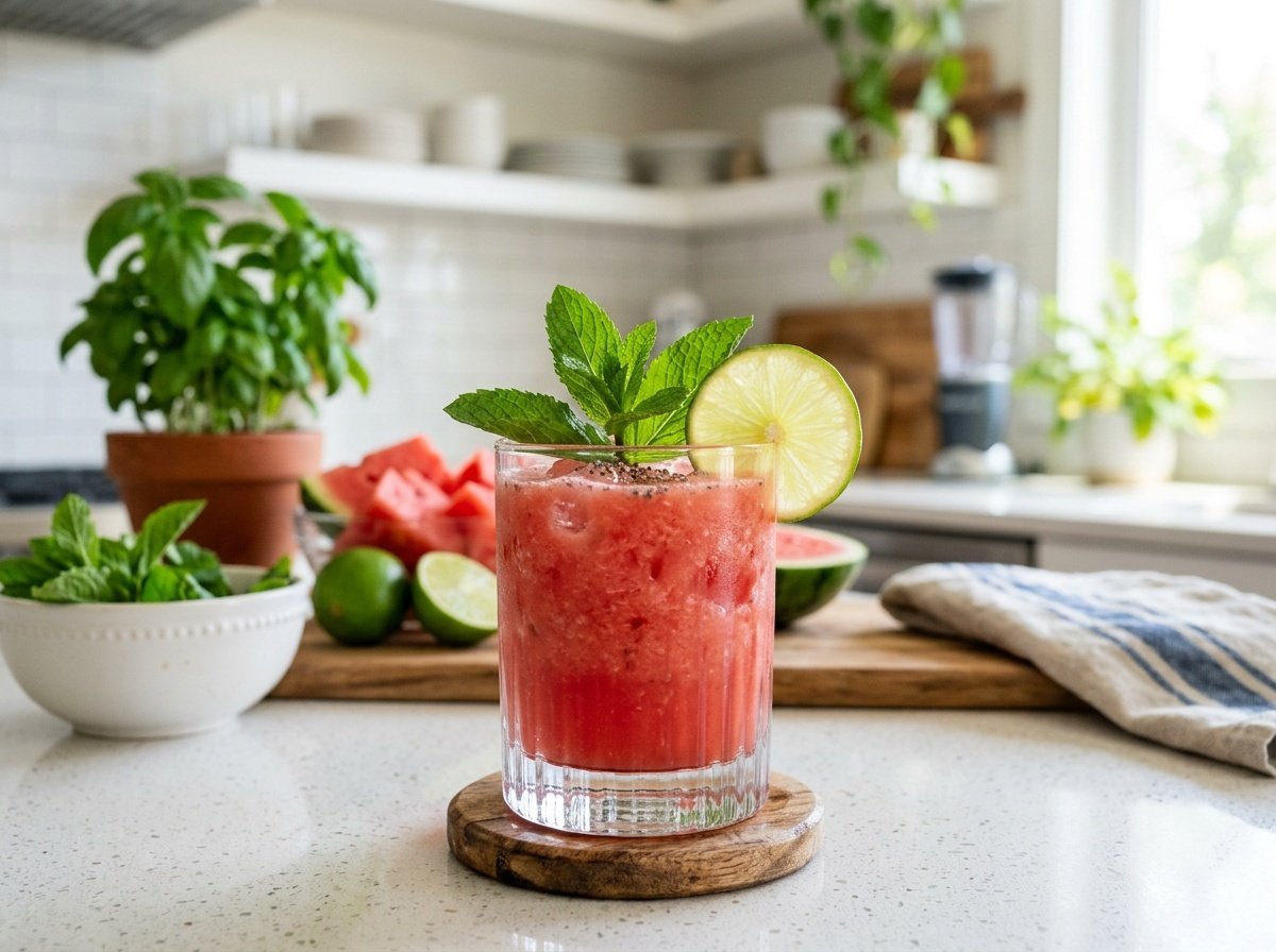A watermelon lime detox smoothie in a glass, decorated with mint and lime, on a kitchen counter.