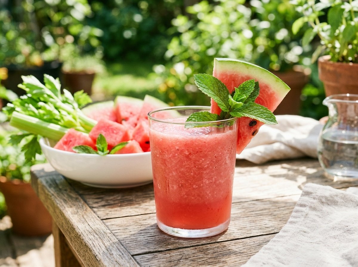 A vibrant glass of watermelon celery detox smoothie garnished with watermelon slice and mint on a bright background.