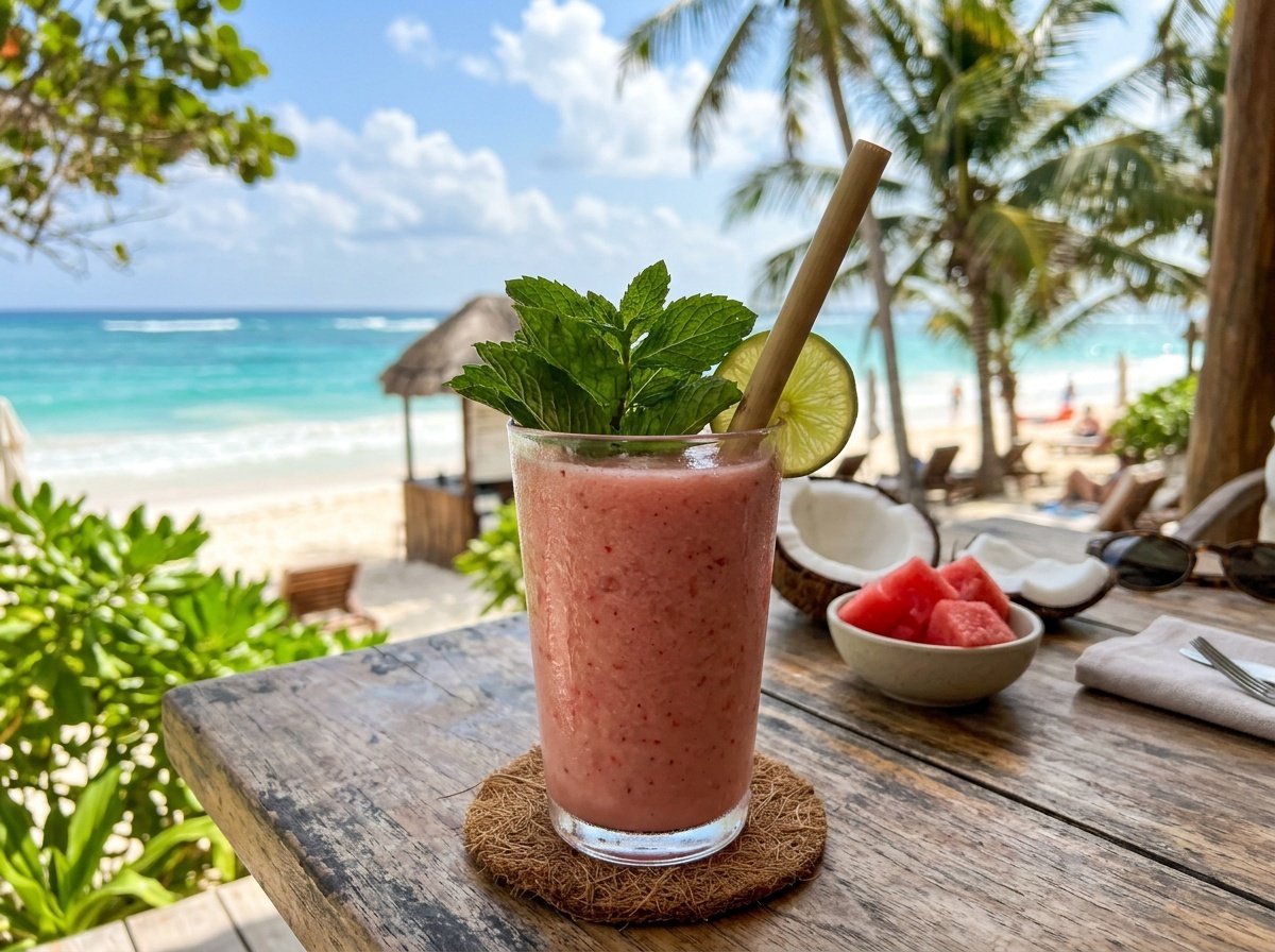 A glass of watermelon coconut smoothie garnished with mint on a beach setting.
